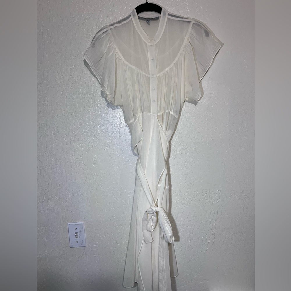 Morgane Le Fay dress 43” long medium wrap snap front button sheer sleeve ivory